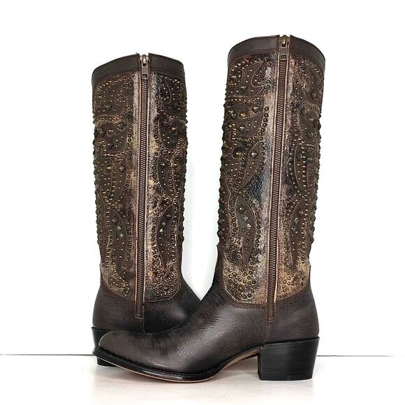 Frye Deborah Deco Tall Studded Crackle Leather Western Boots Women’s 6.5 Shoes - Picture 6 of 12